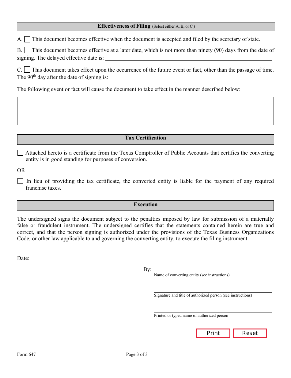 Form 647 Certificate of Conversion of a Foreign Entity Converting to a Texas Filing Entity - Texas, Page 6