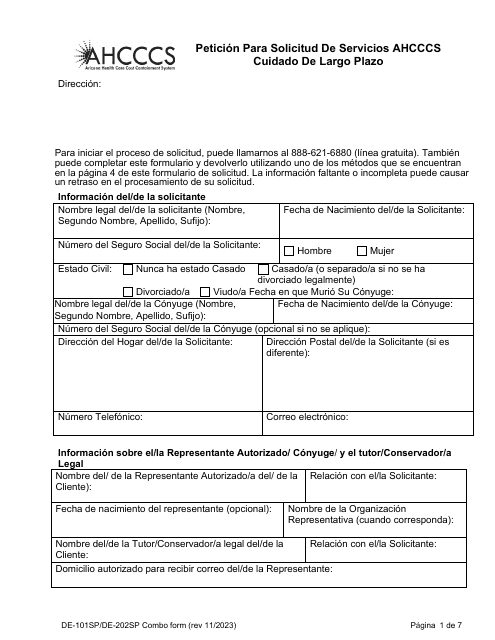 Formulario DE-101SP (DE-202SP) Peticion Para Solicitud De Servicios Ahcccs Cuidado De Largo Plazo - Arizona (Spanish)