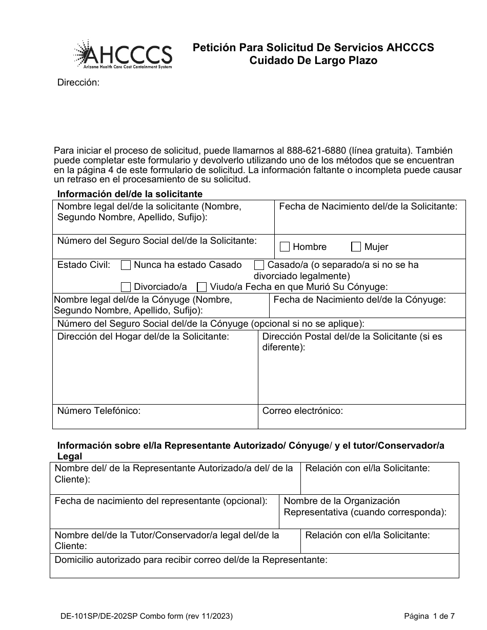 Formulario DE-101SP (DE-202SP) Peticion Para Solicitud De Servicios Ahcccs Cuidado De Largo Plazo - Arizona (Spanish), Page 1