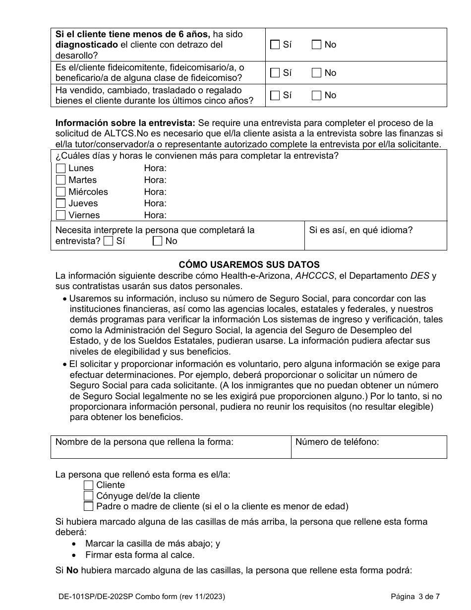 Formulario DE-101SP (DE-202SP) Peticion Para Solicitud De Servicios Ahcccs Cuidado De Largo Plazo - Arizona (Spanish), Page 3