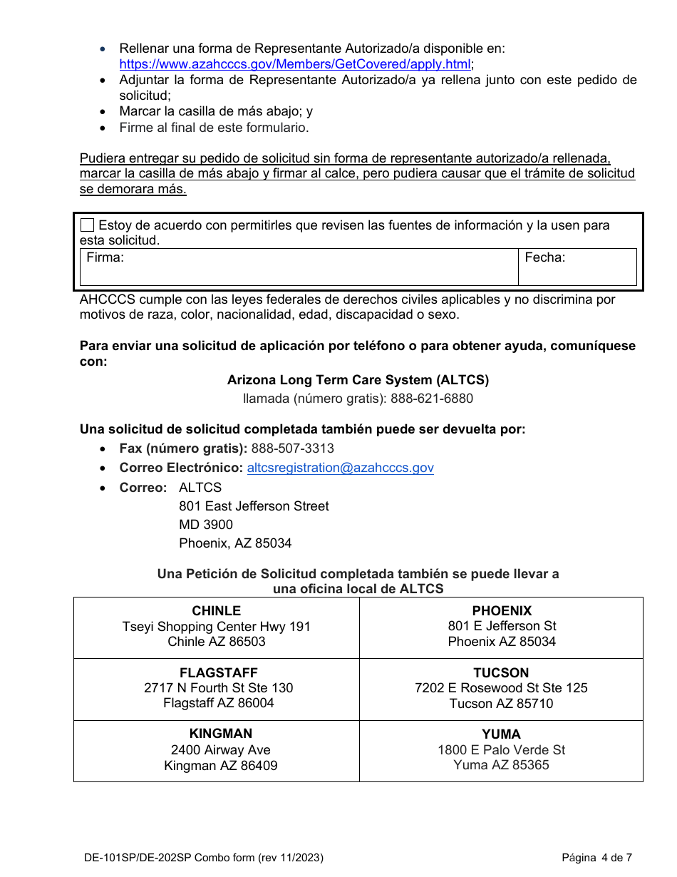 Formulario DE-101SP (DE-202SP) Peticion Para Solicitud De Servicios Ahcccs Cuidado De Largo Plazo - Arizona (Spanish), Page 4