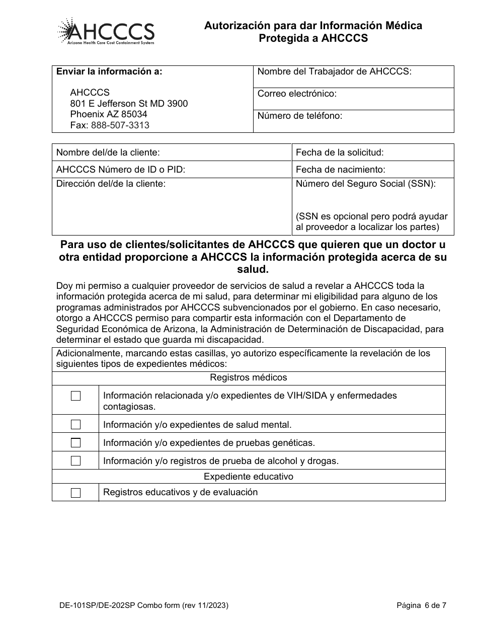 Formulario DE-101SP (DE-202SP) Peticion Para Solicitud De Servicios Ahcccs Cuidado De Largo Plazo - Arizona (Spanish), Page 6
