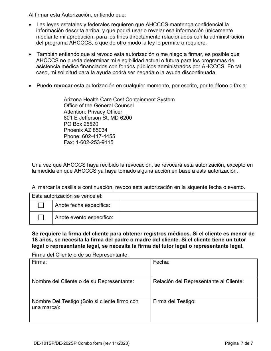 Formulario DE-101SP (DE-202SP) Peticion Para Solicitud De Servicios Ahcccs Cuidado De Largo Plazo - Arizona (Spanish), Page 7