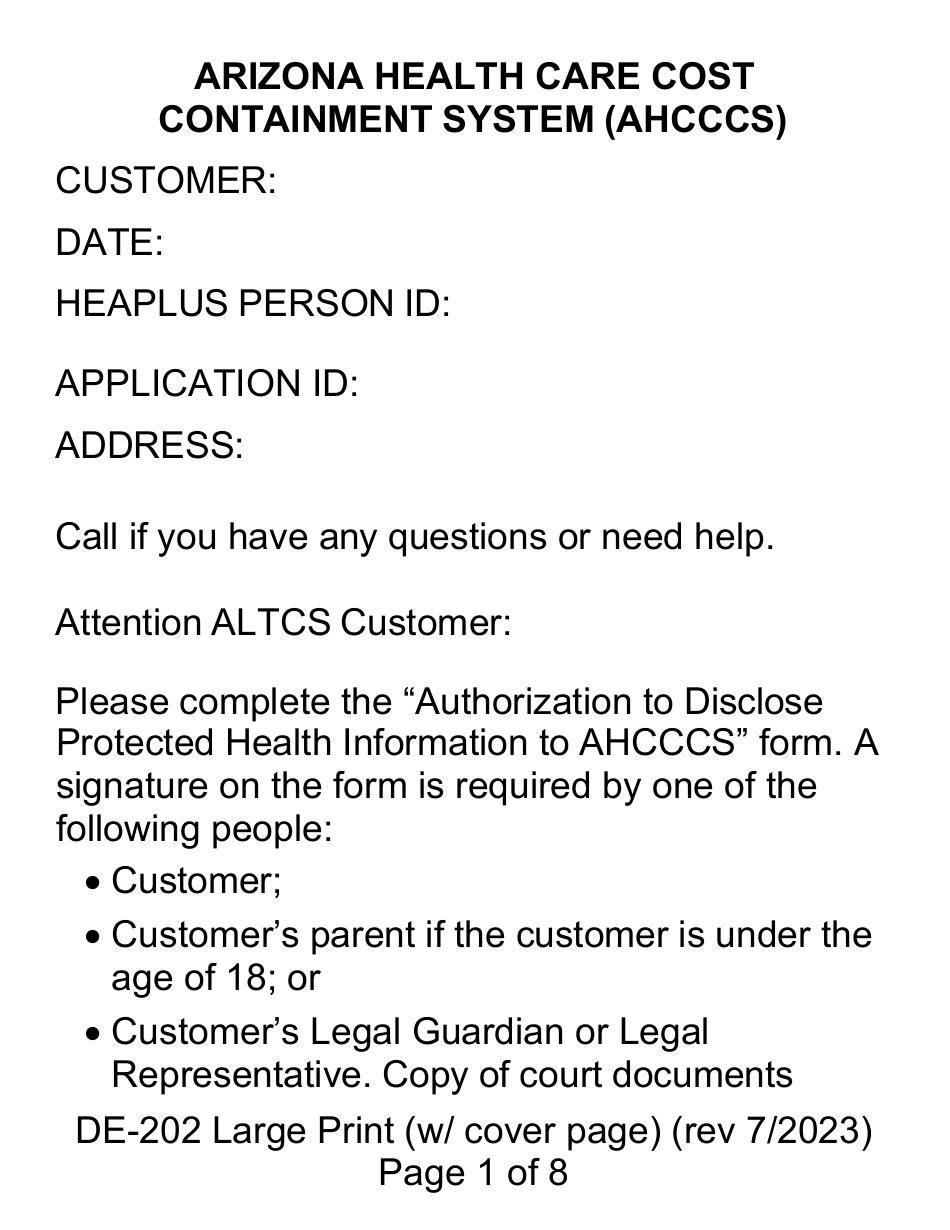 Form DE-202 Authorization to Disclose Protected Health Information to Ahcccs - Large Print - Arizona, Page 1