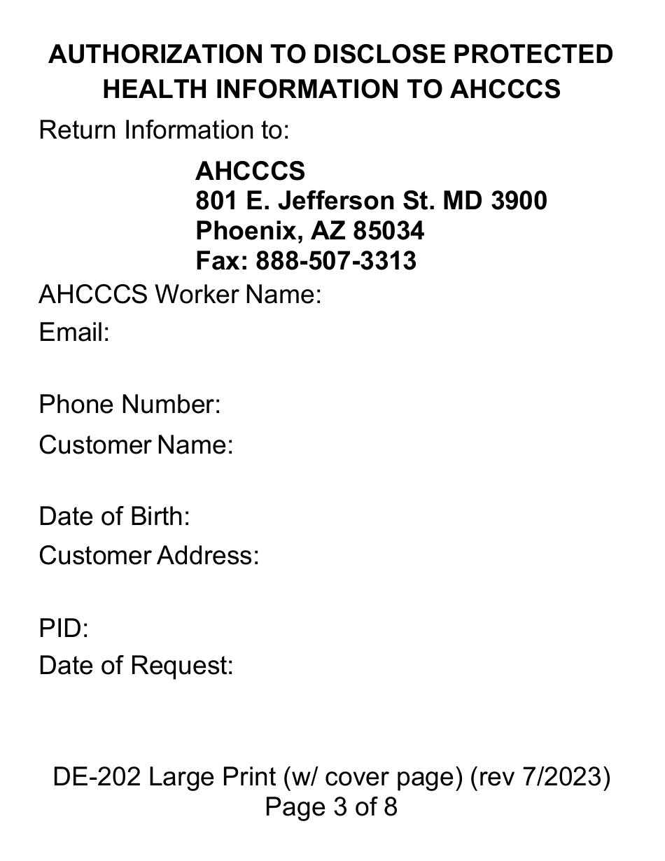 Form DE-202 Authorization to Disclose Protected Health Information to Ahcccs - Large Print - Arizona, Page 3