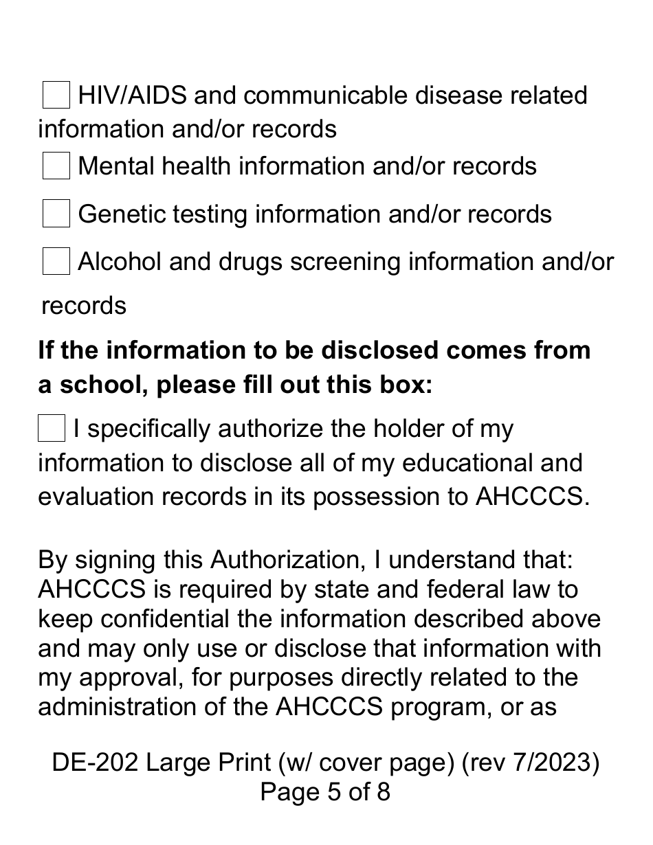 Form DE-202 Authorization to Disclose Protected Health Information to Ahcccs - Large Print - Arizona, Page 5