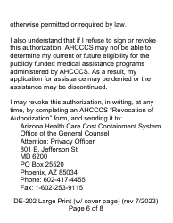 Form DE-202 Authorization to Disclose Protected Health Information to Ahcccs - Large Print - Arizona, Page 6