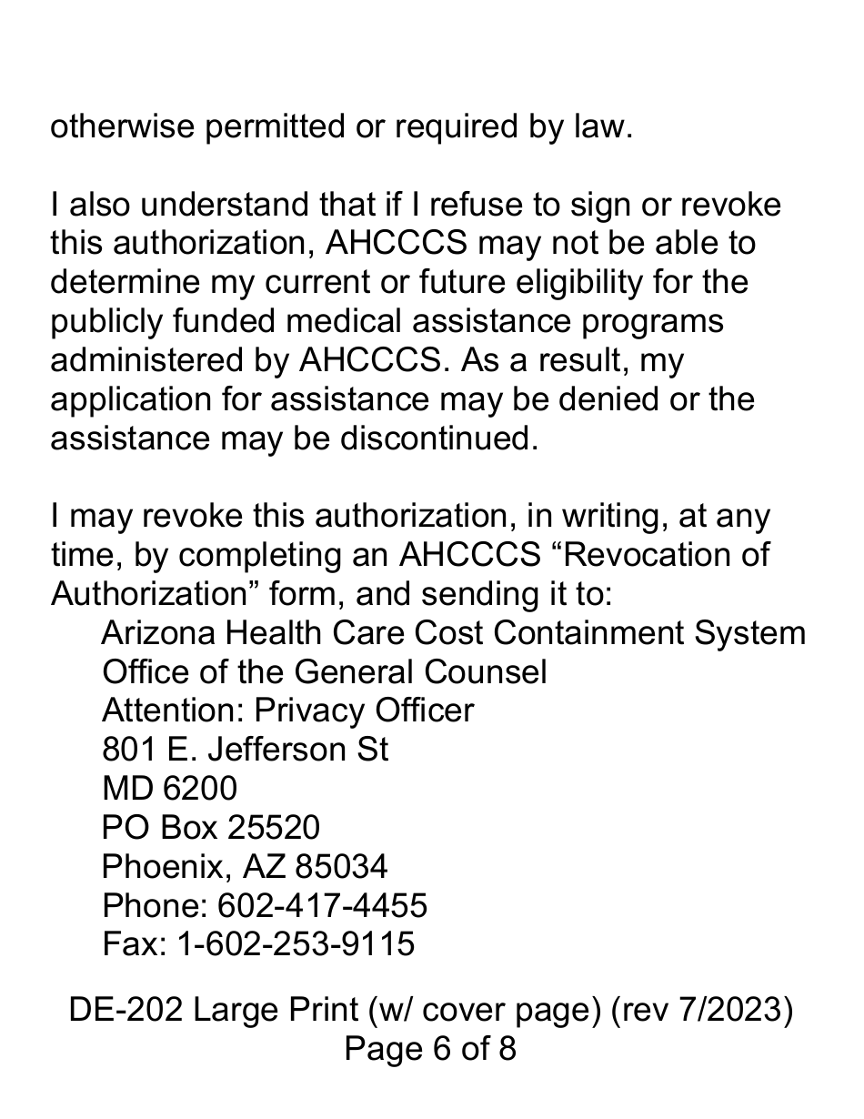 Form DE-202 Authorization to Disclose Protected Health Information to Ahcccs - Large Print - Arizona, Page 6