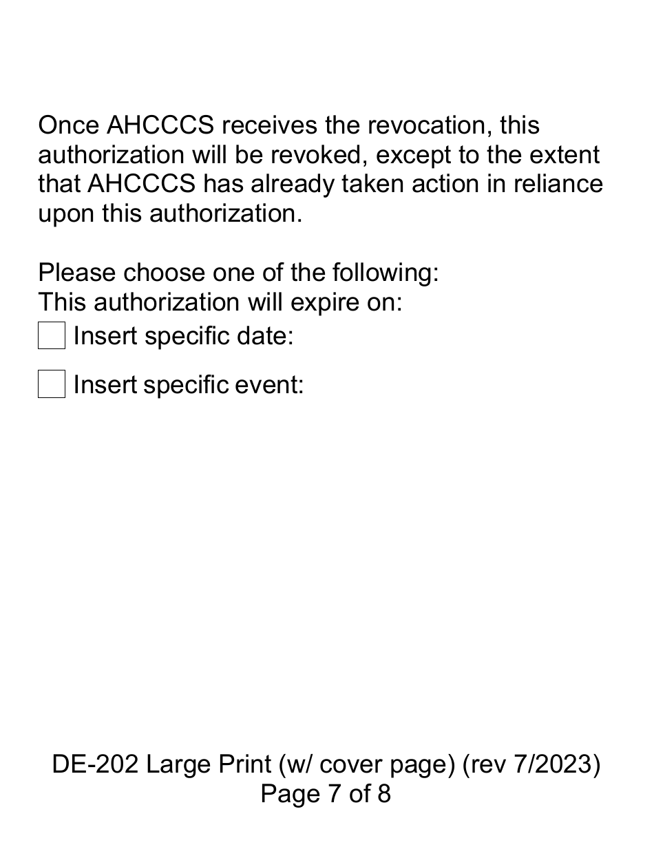 Form DE-202 Authorization to Disclose Protected Health Information to Ahcccs - Large Print - Arizona, Page 7