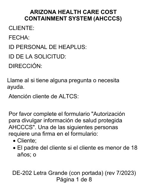 Formulario DE-202SP Autorizacion Para Dar Informacion Medica Protegida a Ahcccs - Letra Grande - Arizona (Spanish)