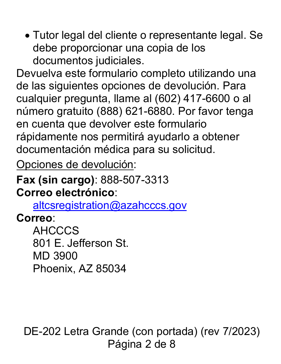 Formulario DE-202SP Autorizacion Para Dar Informacion Medica Protegida a Ahcccs - Letra Grande - Arizona (Spanish), Page 2