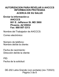 Formulario DE-202SP Autorizacion Para Dar Informacion Medica Protegida a Ahcccs - Letra Grande - Arizona (Spanish), Page 3