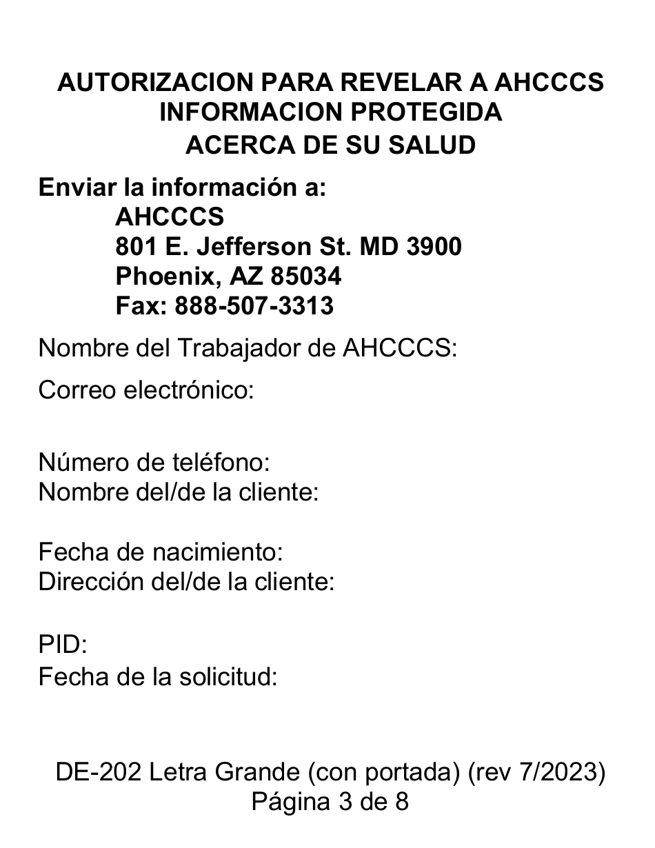 Formulario DE-202SP Autorizacion Para Dar Informacion Medica Protegida a Ahcccs - Letra Grande - Arizona (Spanish), Page 3