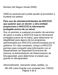Formulario DE-202SP Autorizacion Para Dar Informacion Medica Protegida a Ahcccs - Letra Grande - Arizona (Spanish), Page 4