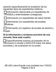 Formulario DE-202SP Autorizacion Para Dar Informacion Medica Protegida a Ahcccs - Letra Grande - Arizona (Spanish), Page 5