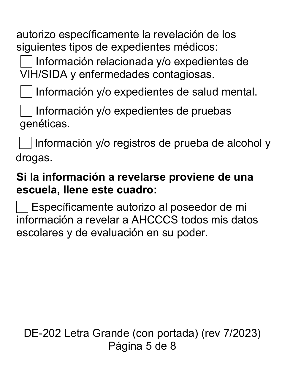 Formulario DE-202SP Autorizacion Para Dar Informacion Medica Protegida a Ahcccs - Letra Grande - Arizona (Spanish), Page 5