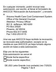 Formulario DE-202SP Autorizacion Para Dar Informacion Medica Protegida a Ahcccs - Letra Grande - Arizona (Spanish), Page 7