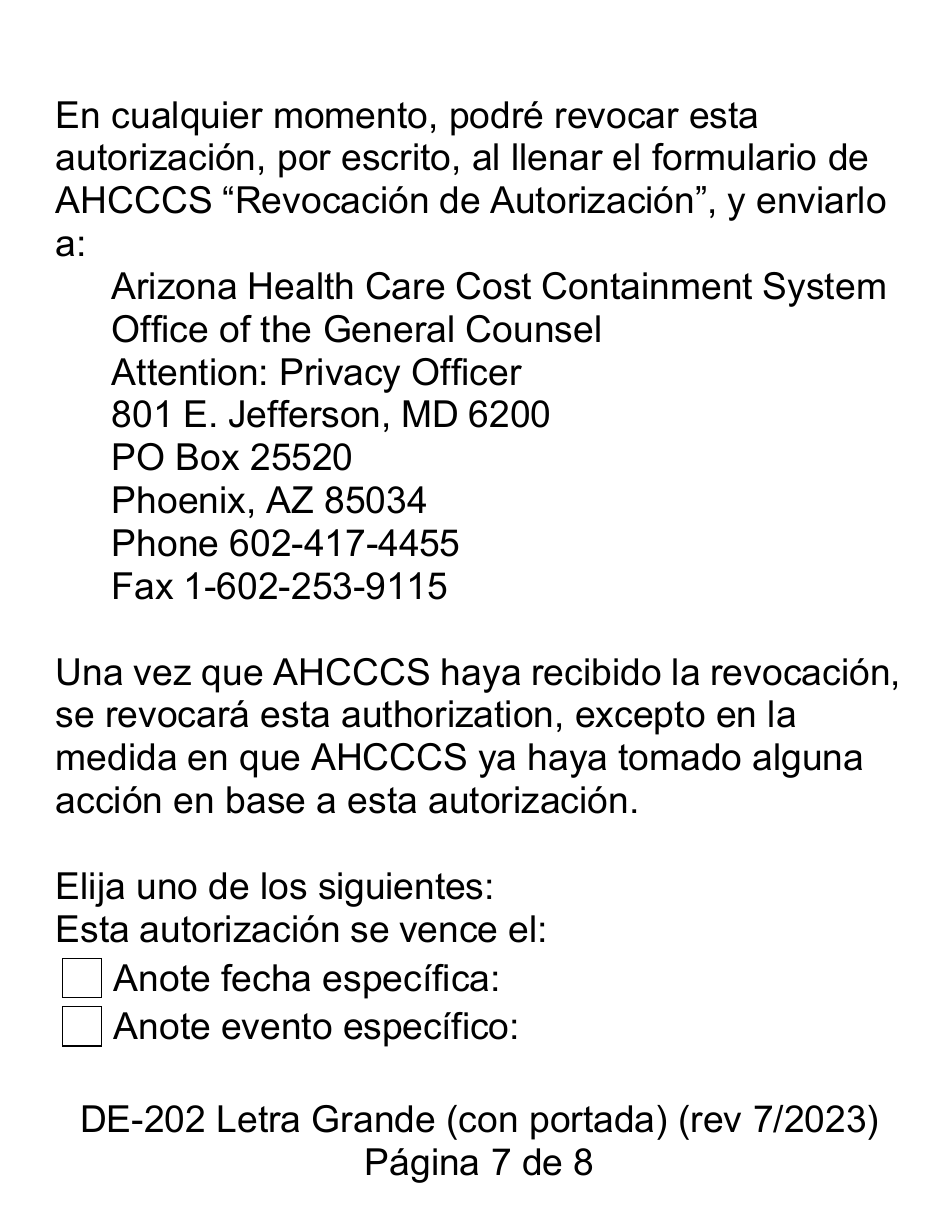 Formulario DE-202SP Autorizacion Para Dar Informacion Medica Protegida a Ahcccs - Letra Grande - Arizona (Spanish), Page 7