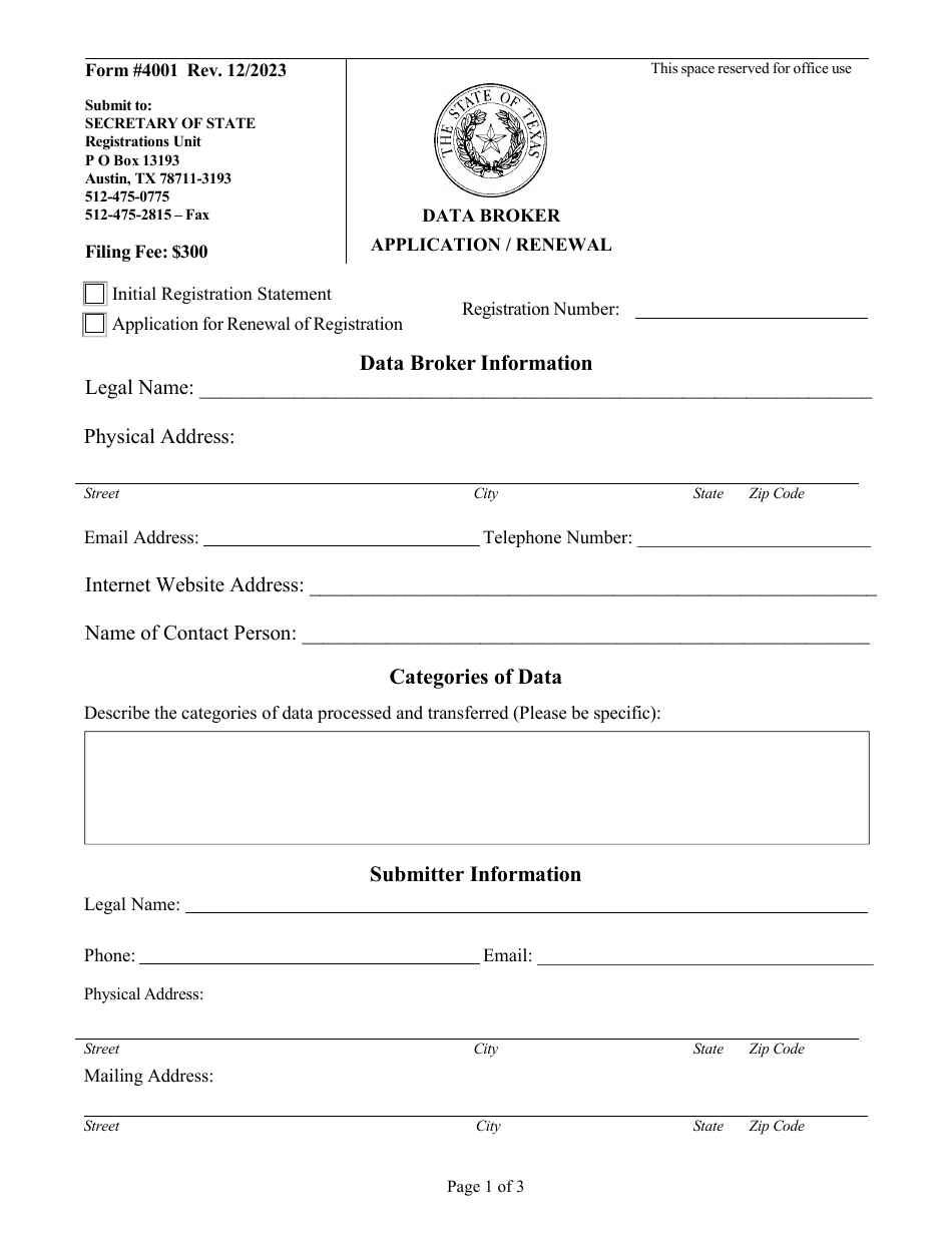 Form 4001 Data Broker Application / Renewal - Texas, Page 1