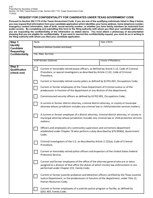 Form 2-67 Request for Confidentiality for Candidates Under Texas Government Code - Texas (English/Spanish)