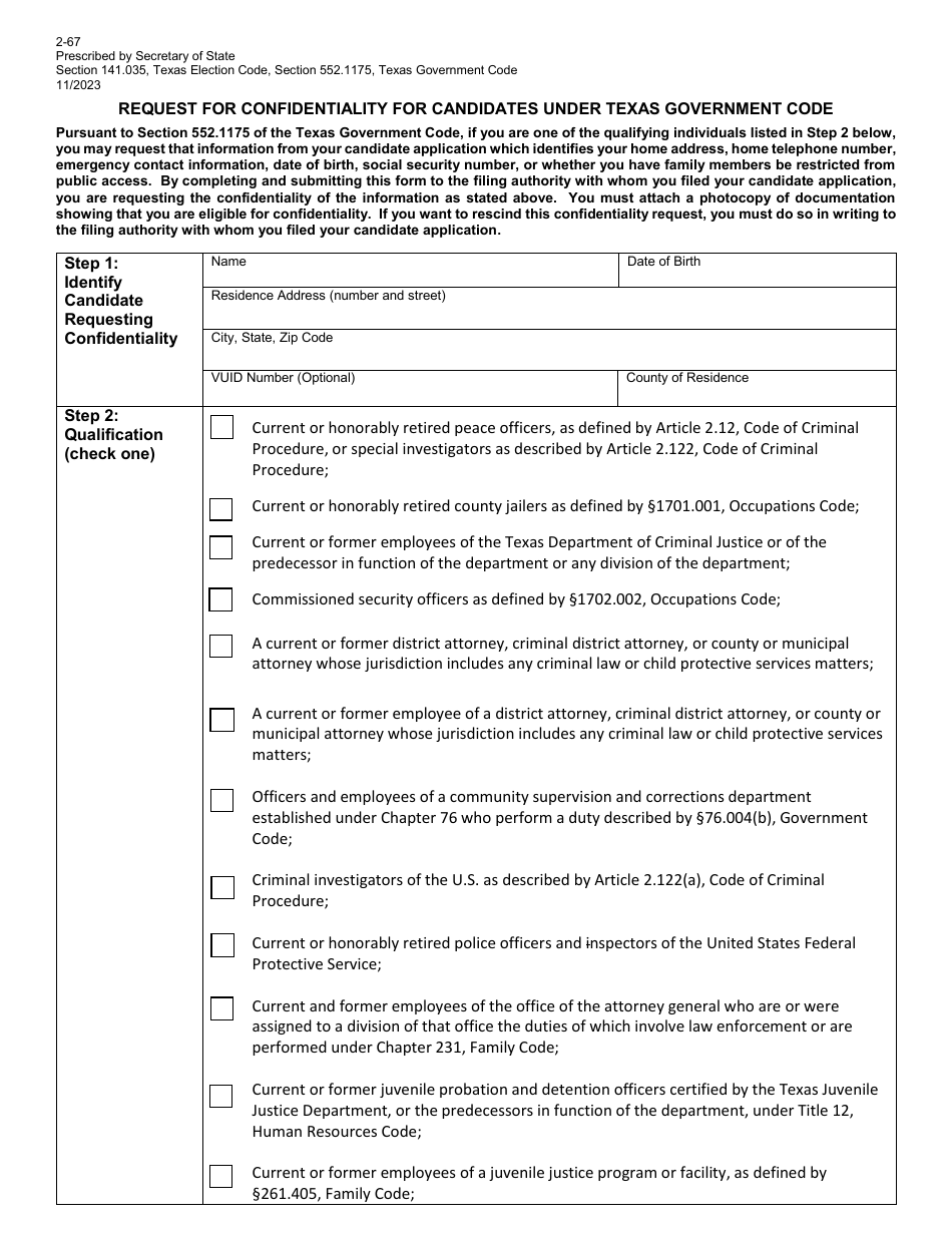 Form 2-67 Request for Confidentiality for Candidates Under Texas Government Code - Texas (English / Spanish), Page 1