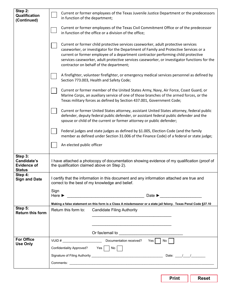 Form 2-67 Request for Confidentiality for Candidates Under Texas Government Code - Texas (English / Spanish), Page 2