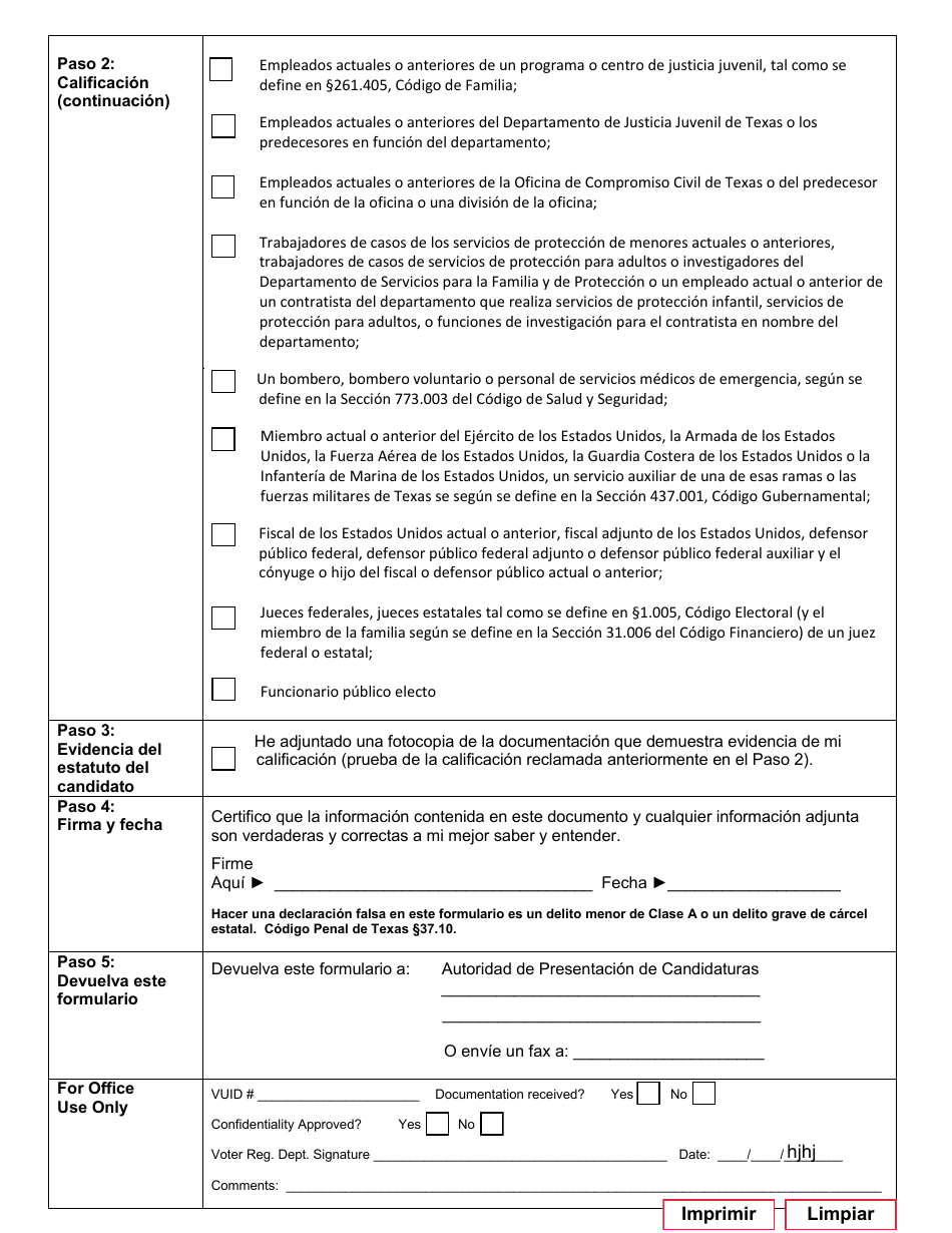 Form 2-67 Request for Confidentiality for Candidates Under Texas Government Code - Texas (English / Spanish), Page 4