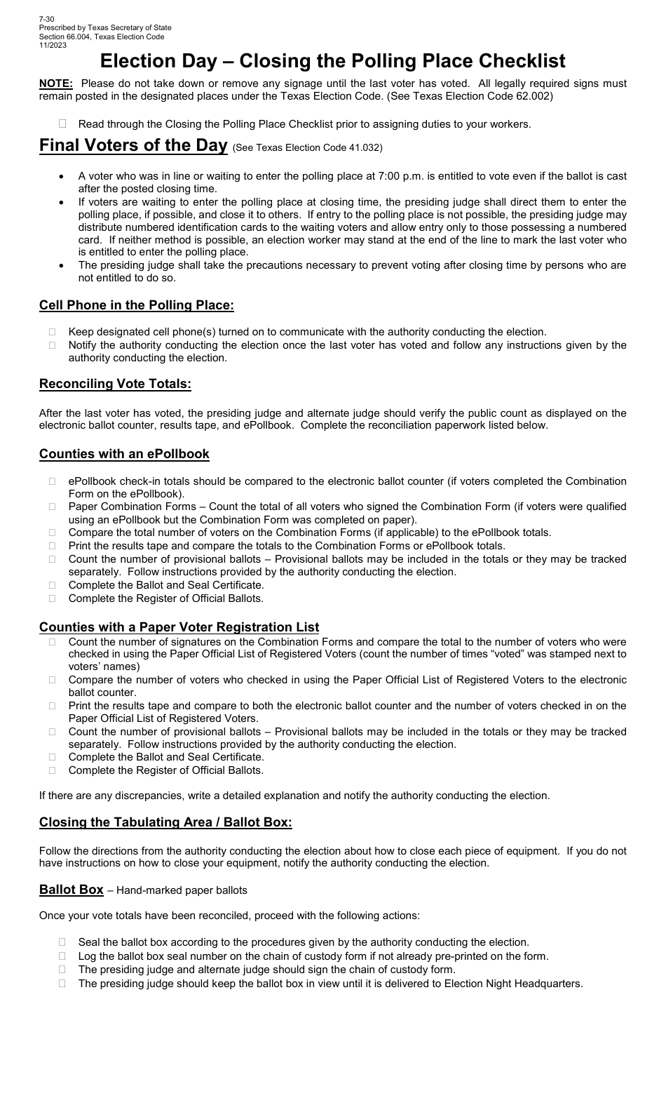 Form 7-30 Election Day - Closing the Polling Place Checklist - Texas, Page 1