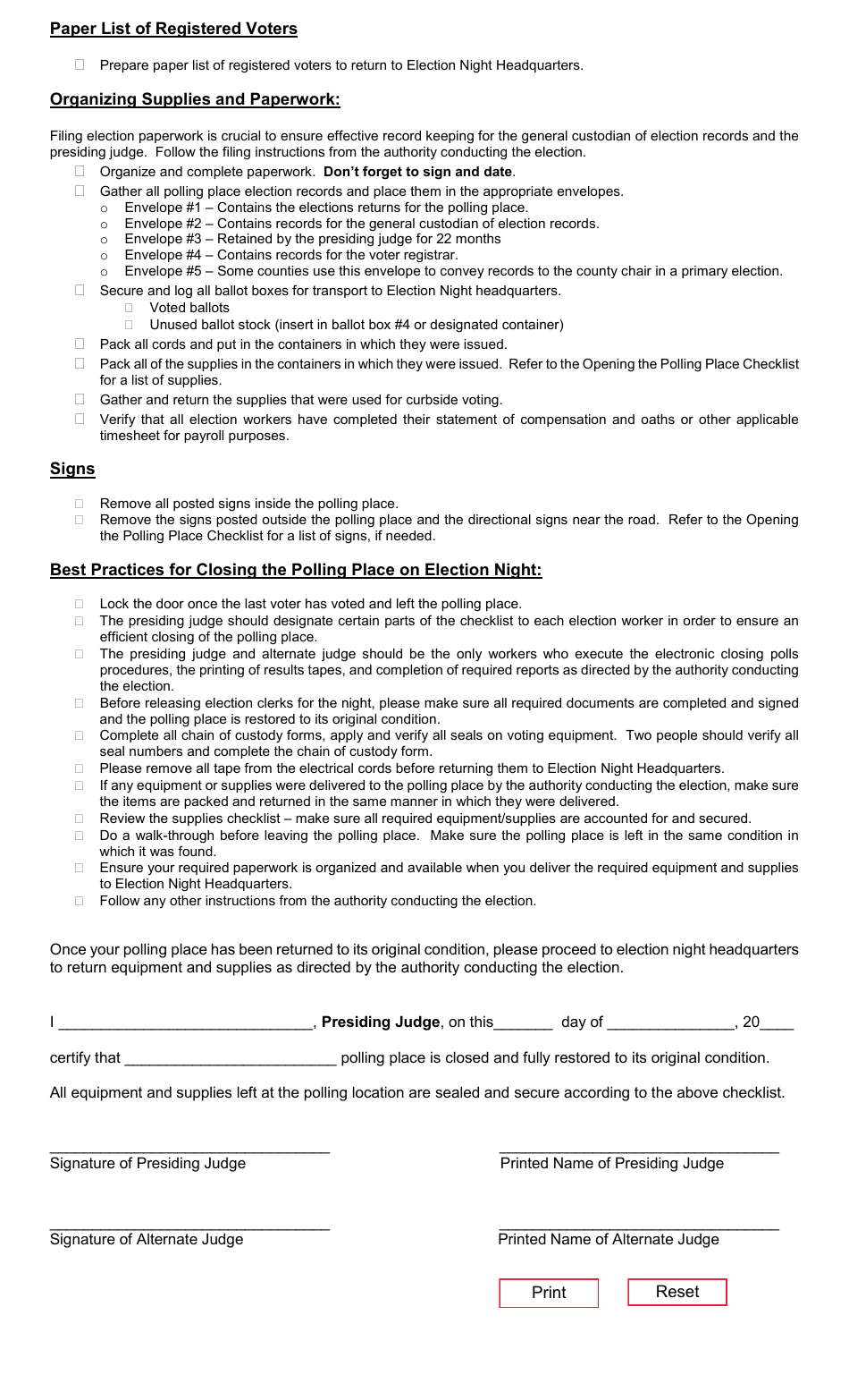 Form 7-30 Election Day - Closing the Polling Place Checklist - Texas, Page 3
