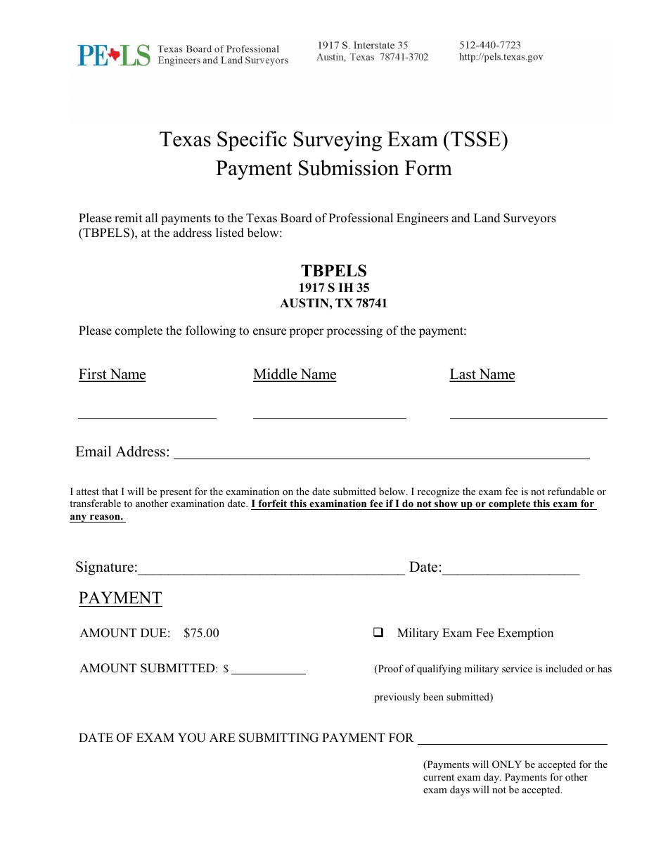 Texas Specific Surveying Exam (Tsse) Payment Submission Form - Texas, Page 1