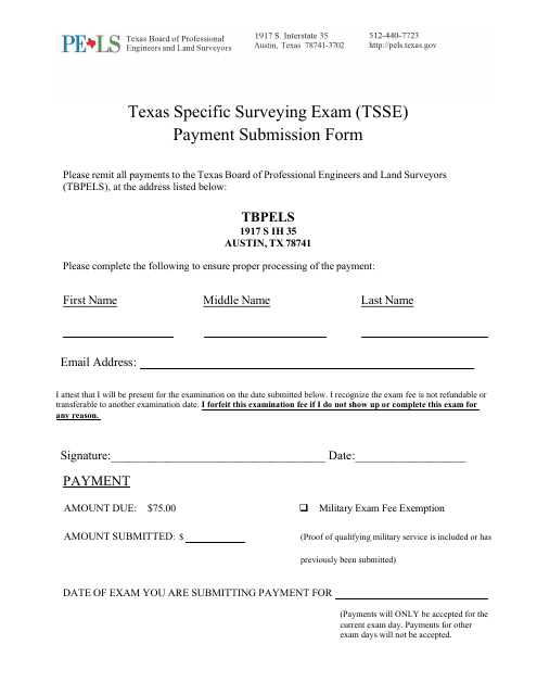 Texas Specific Surveying Exam (Tsse) Payment Submission Form - Texas