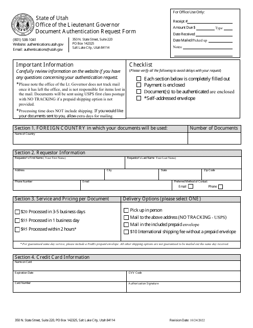 Document Authentication Request Form - Utah
