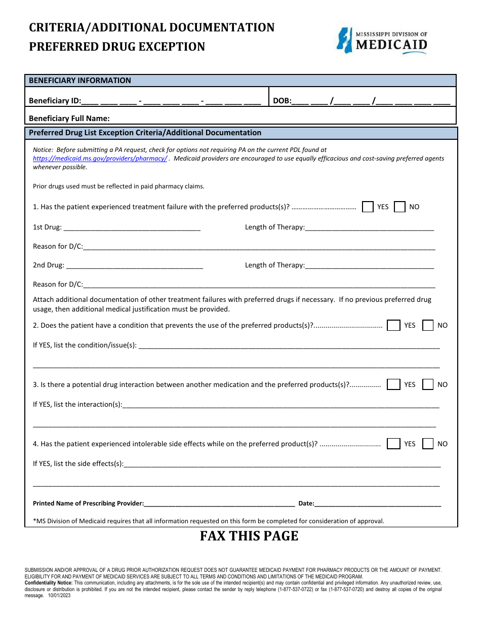 Prior Authorization Packet - Preferred Drug List Exception Request - Mississippi, Page 3