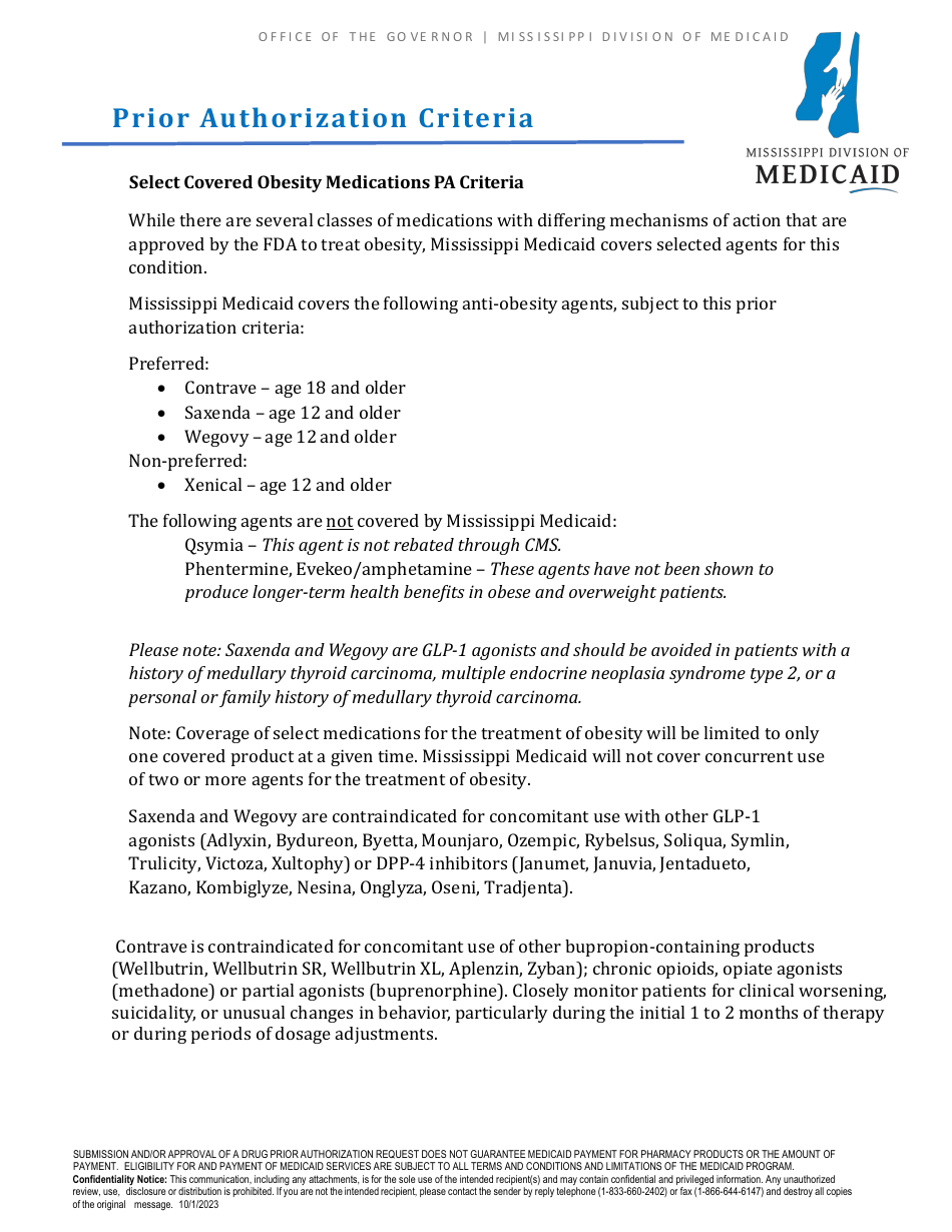 Prior Authorization Packet - Anti-obesity Select Agents - Mississippi, Page 2