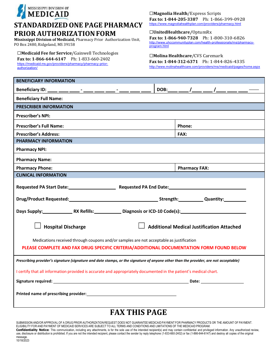 Prior Authorization Packet - Synagis - Mississippi, Page 1