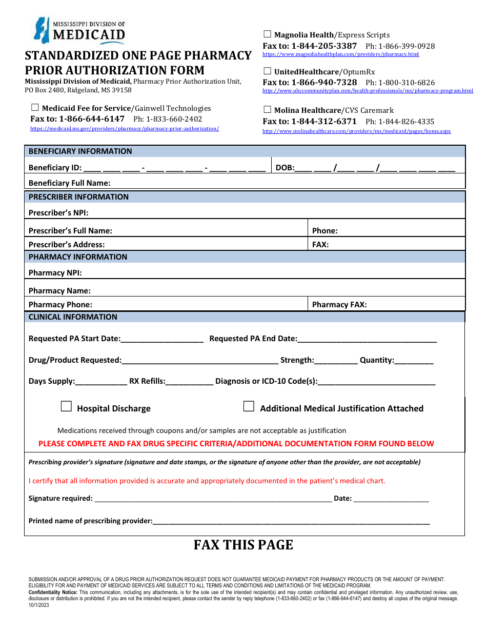 Prior Authorization Packet - Brand-Name Multi-Source - Mississippi, Page 1