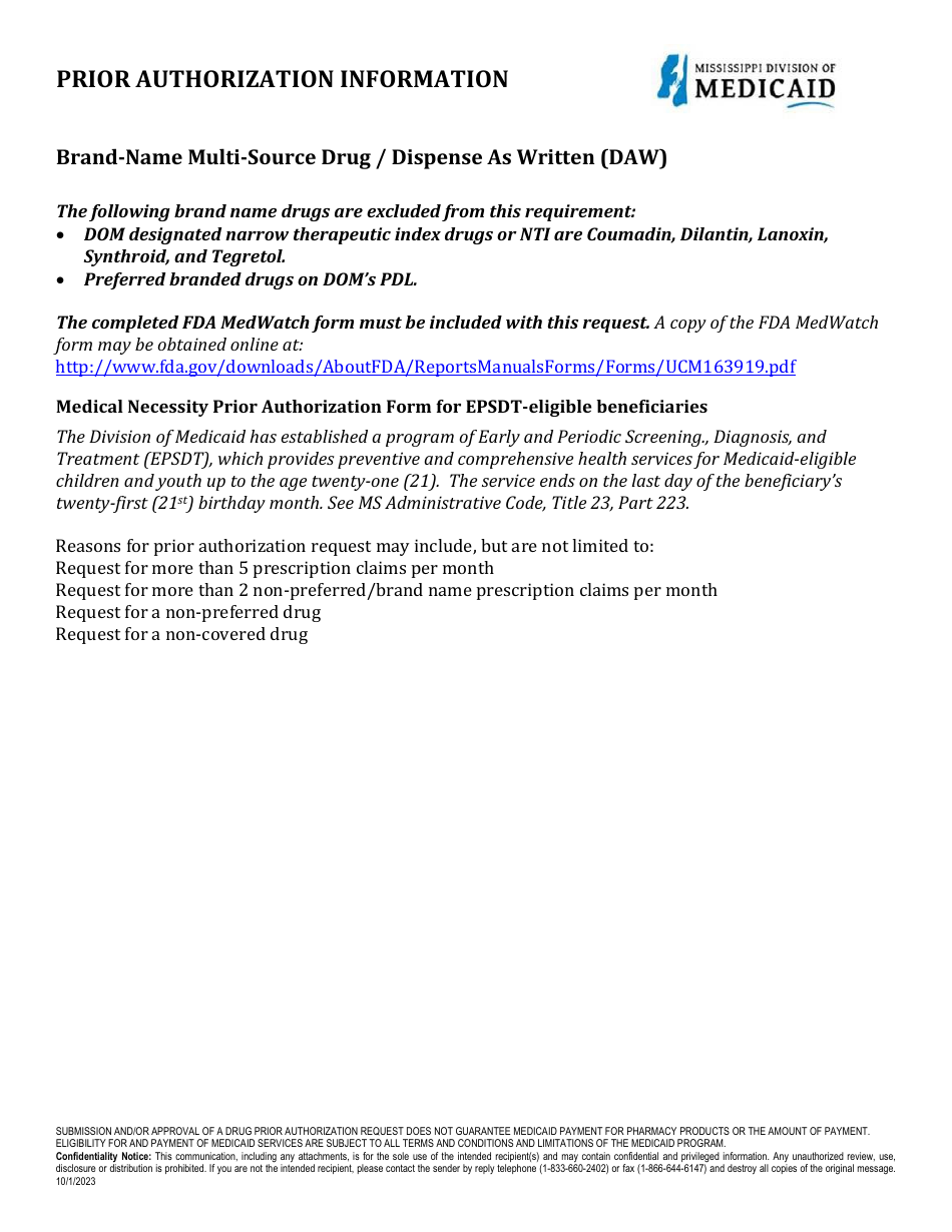 Mississippi Prior Authorization Packet BrandName MultiSource Fill