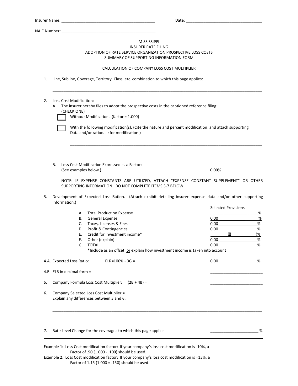 Summary of Supporting Information Form / Calculation of Company Loss Cost Multiplier - Mississippi, Page 1