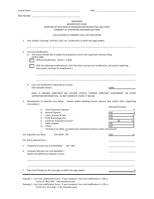 Summary of Supporting Information Form/Calculation of Company Loss Cost Multiplier - Mississippi