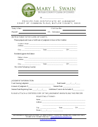 Document preview: Precipe for Certificate of Judgment - Butler County, Ohio