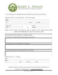 Document preview: Precipe for Service of a Writ of Possession - Butler County, Ohio