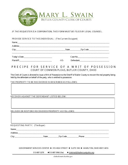 Precipe for Service of a Writ of Possession - Butler County, Ohio Download Pdf