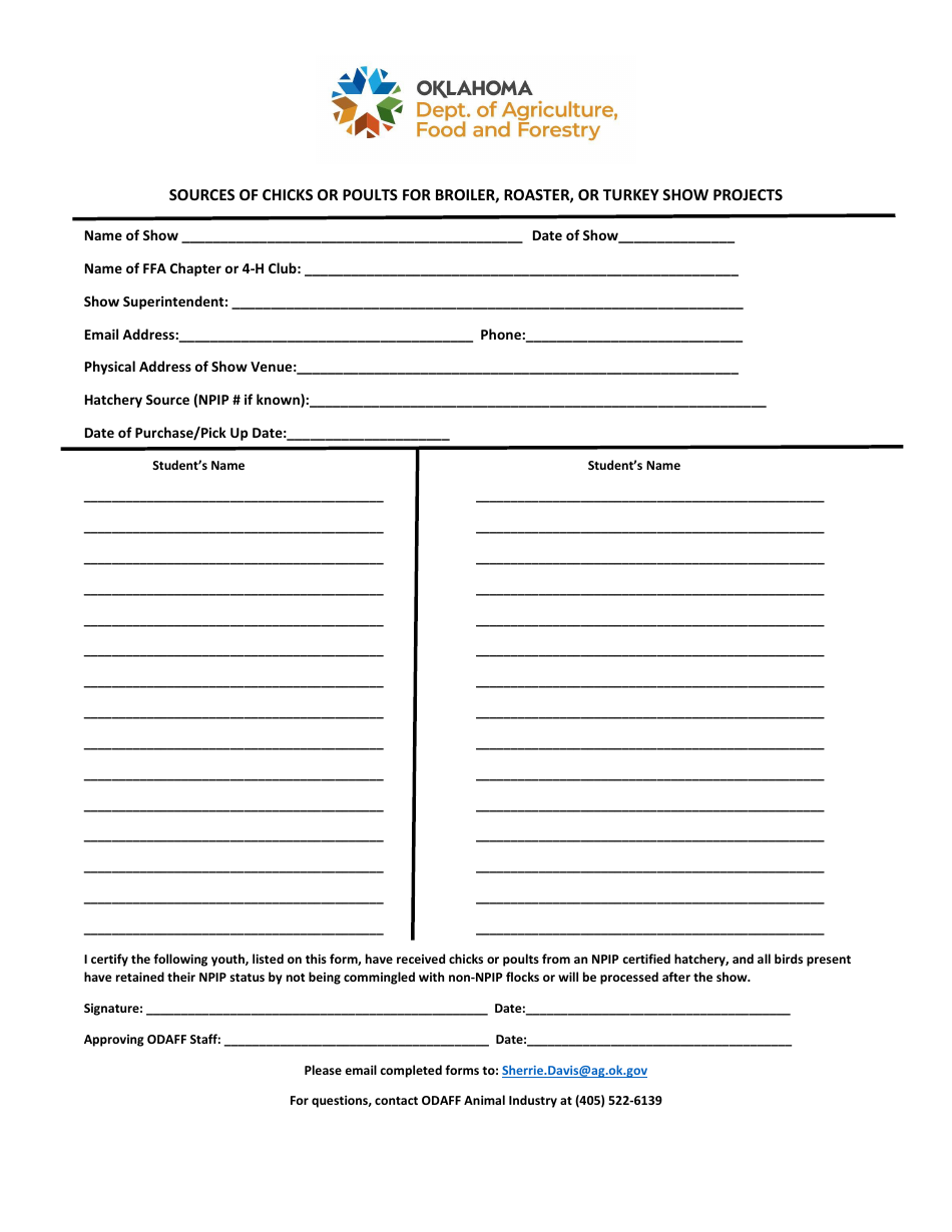 Sources of Chicks or Poults for Broiler, Roaster, or Turkey Show Projects - Oklahoma, Page 1