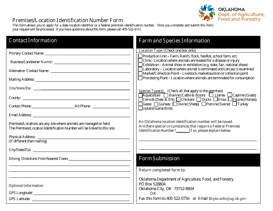 Premises / Location Identification Number Form - Oklahoma, Page 1