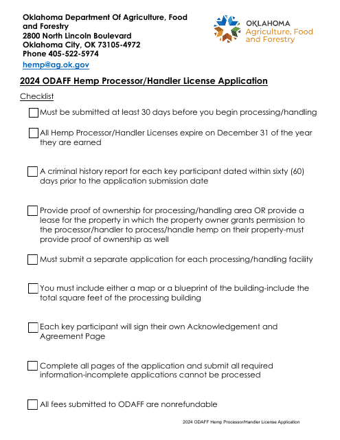 Hemp Processor/Handler License Application - Oklahoma, 2024