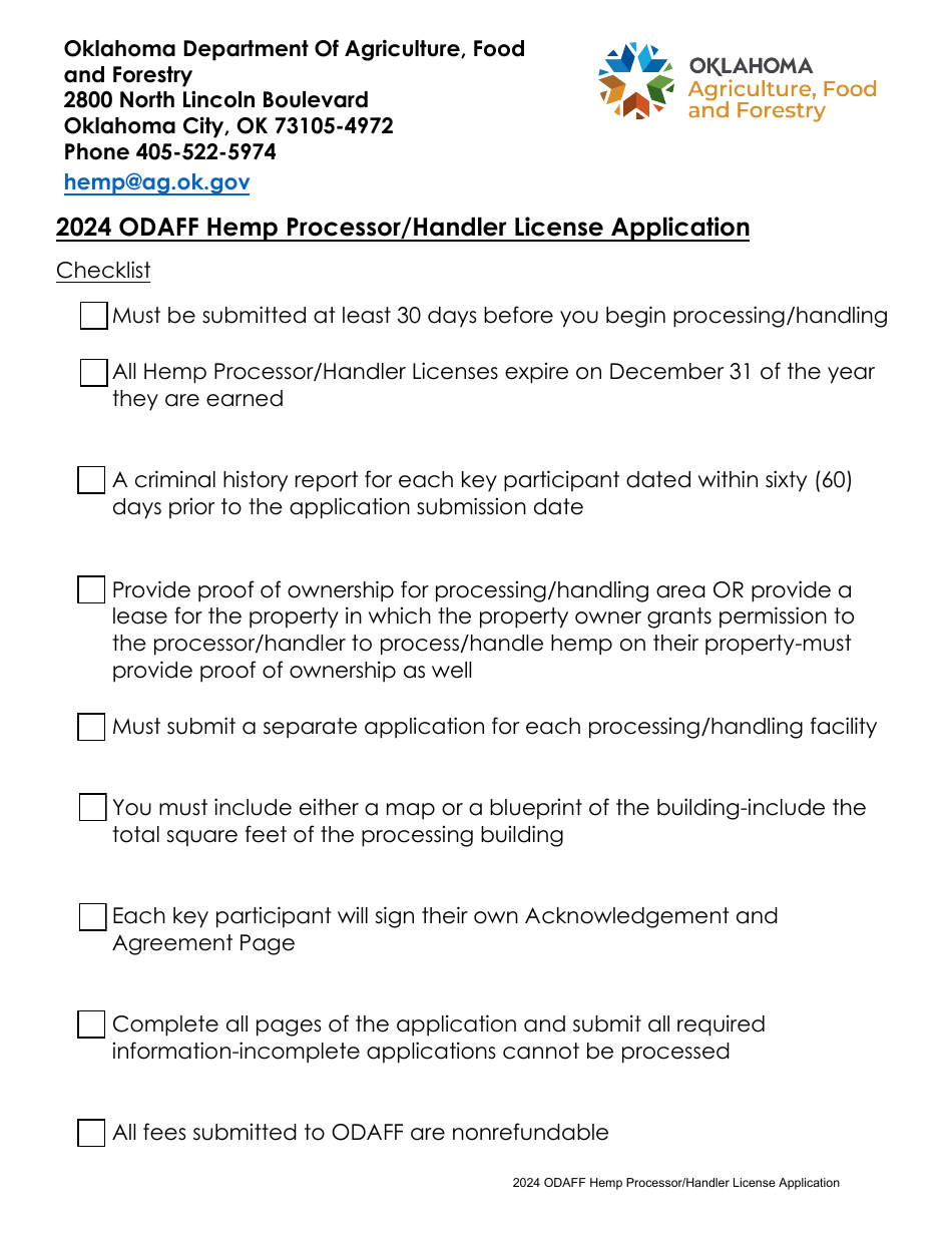 2024 Oklahoma Hemp Processor/Handler License Application Download