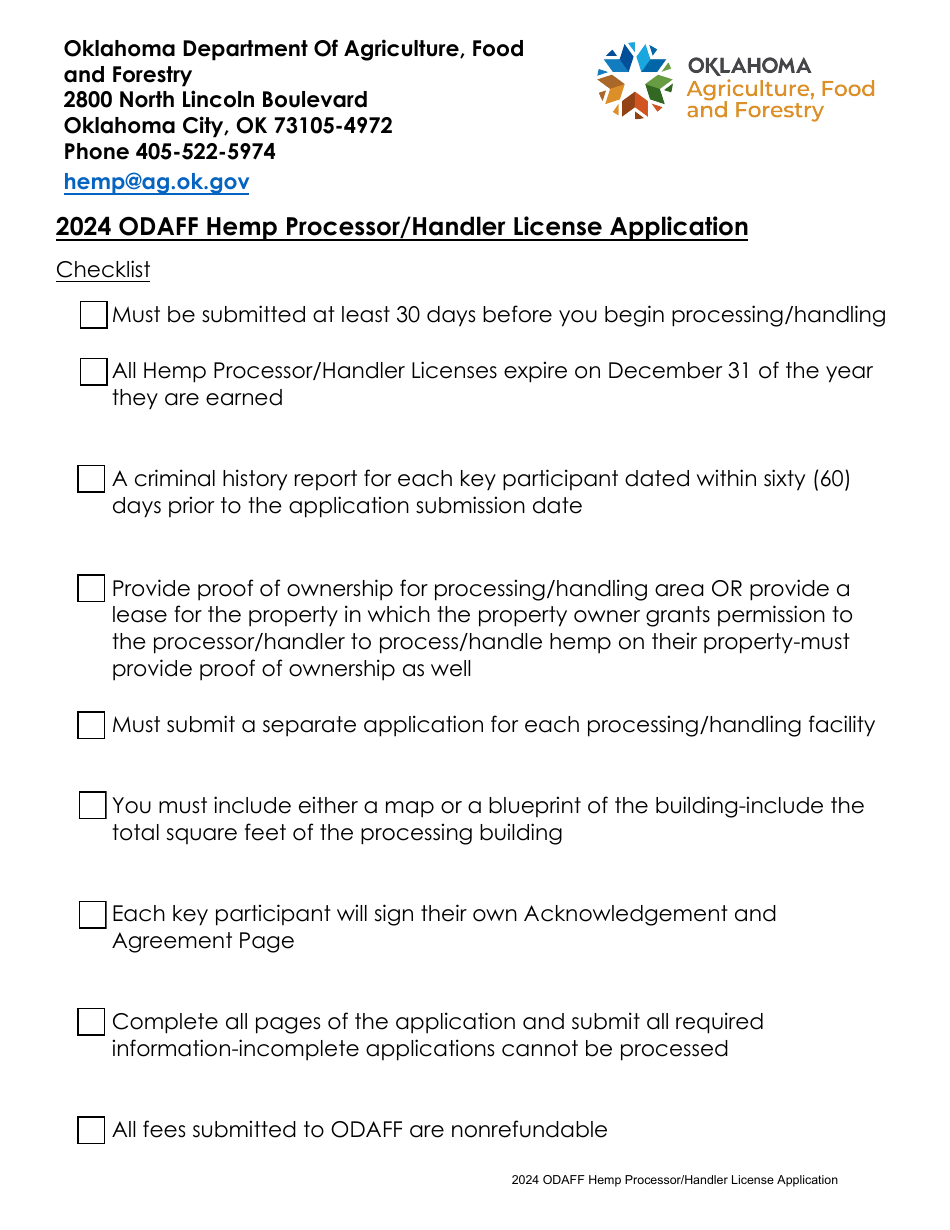 Hemp Processor / Handler License Application - Oklahoma, Page 1