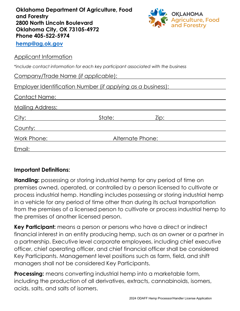 Hemp Processor / Handler License Application - Oklahoma, Page 2