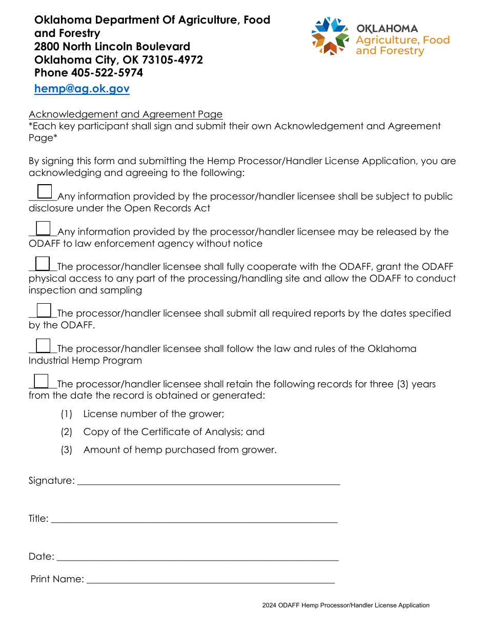Hemp Processor / Handler License Application - Oklahoma, Page 5
