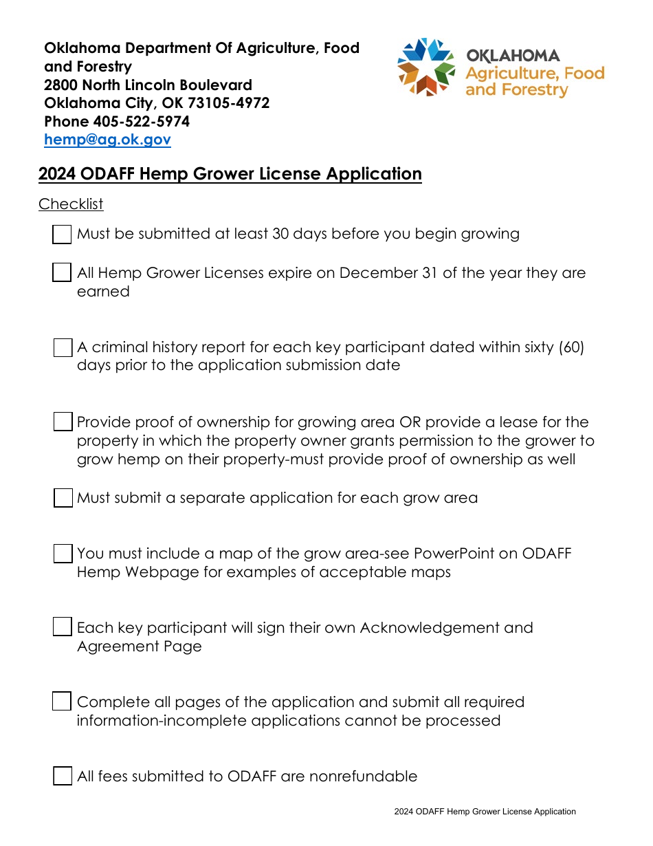 Hemp Grower License Application - Oklahoma, Page 1